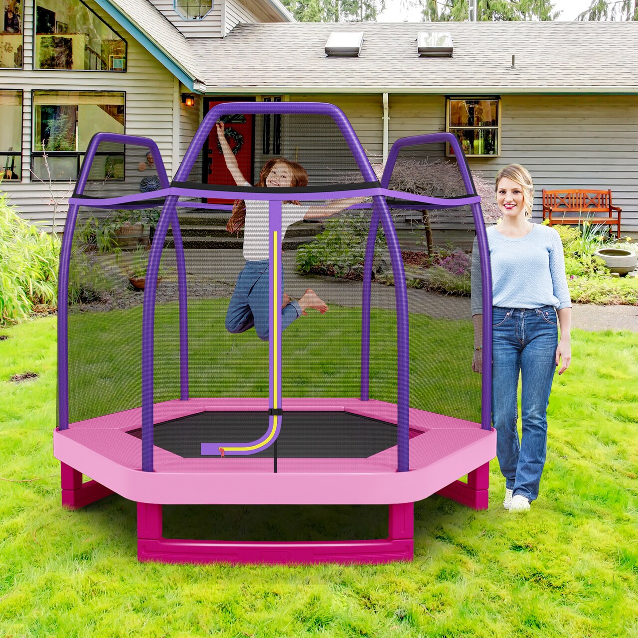 7 Feet Kids Trampoline with Safety Enclosure Net and Steel Frame Indoor or Outdoor Bounce Jumper Toy